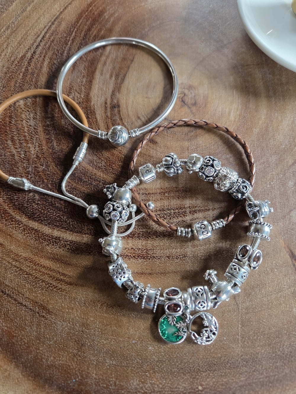 Pandora Lion King Sterling Silver 19 Charms & Brown Leather Bracelet Set